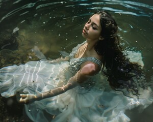 Ethereal Woman Floating in Water with Elegant Dress, Serene and Dreamlike Atmosphere