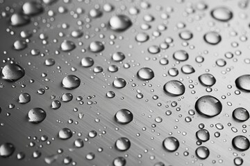 Macro photograph enhances the sheen of water droplets on a reflective metallic surface with a striking contrast