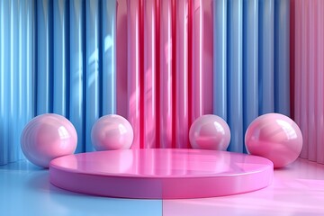 Vibrant CGI composition with a central stage, glossy spheres, and draped curtains in various colors