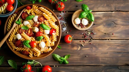 A dish of pasta salad featuring tomatoes, spinach, and mozzarella served on a rustic wooden table....