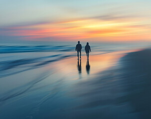 photo of two people walking on the beach, long exposure, motion blur, slow shutter speed, abstract background, sunset colors, beautiful sky, blur in foreground, blue and yellow tones, soft lighting