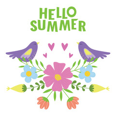 Hello summer. Flowers and birds. Isolated vector illustration on white background.