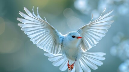 Obraz premium A white bird with red beak flying in the air, AI