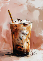 Glass of coffee with ice cream, whipped cream and chocolate syrup in tall glass with golden straw on pastel background. Drinks design project.