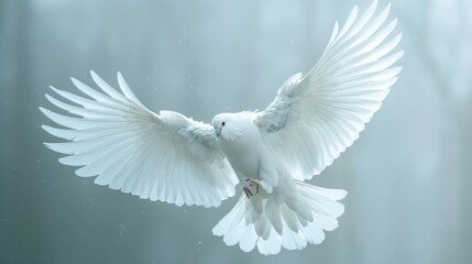 Fototapeta premium A white dove with wings spread in the air, AI