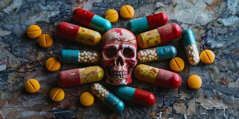 Skull Surrounded by Pills. Generative AI