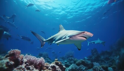 Great White Shark in the ocean, portrait of White shark hunting prey in the underwater