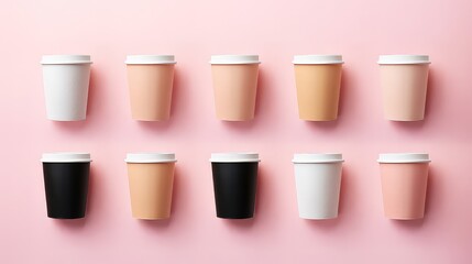 A row of cups with different colors and sizes