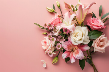 Arrange a bouquet of flowers on a pastel pink background for a stunning birthday gift idea.