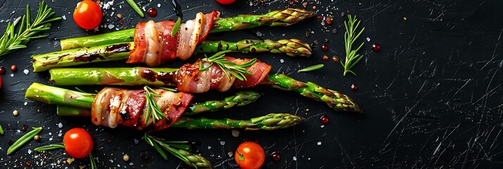 Pancetta wrapped asparagus with balsamic reduction, top view horizontal food banner with copy space