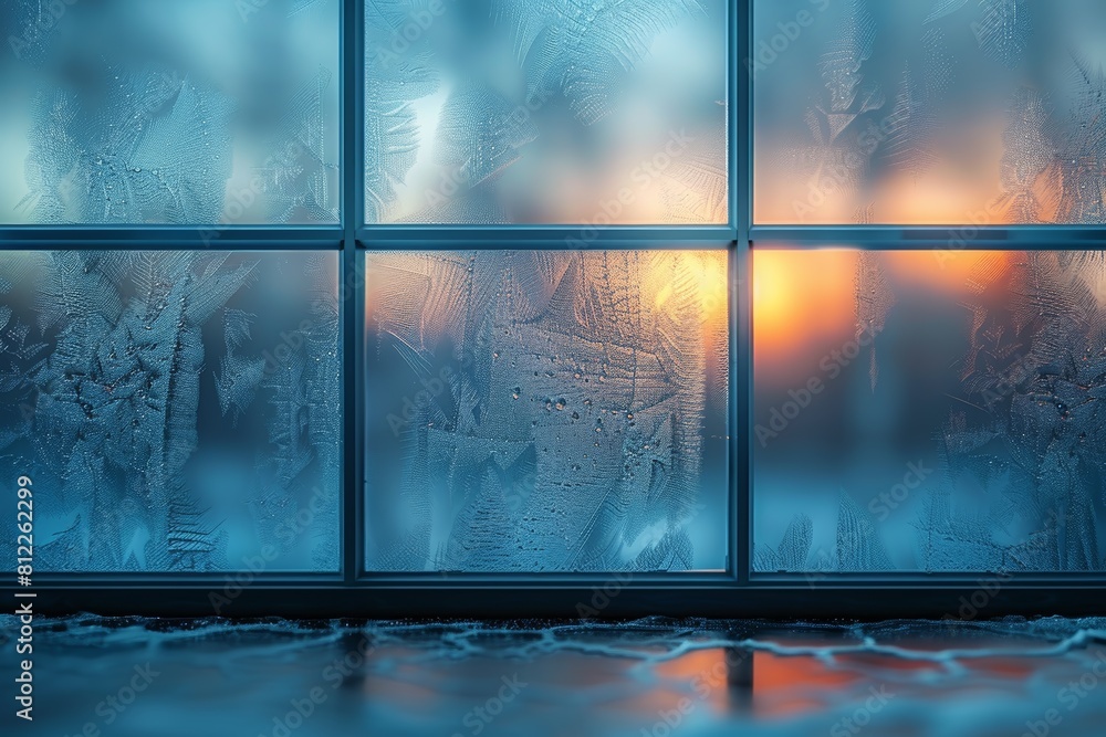 Poster an image capturing intricate frost patterns on glass with a sunrise backdrop, evoking a tranquil win