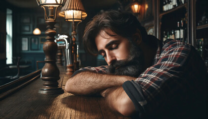 A man with a beard is sleeping on a bar counter. The bar is dimly lit and has a few bottles on it