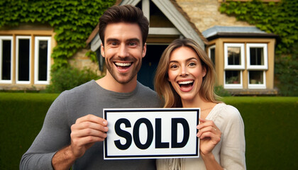 A couple holding a sign that says "SOLD" in front of a house. They are smiling and happy