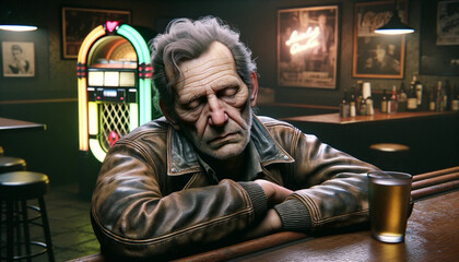 A man sits at a bar with a drink in front of him. He is wearing a leather jacket and he is in a sad mood
