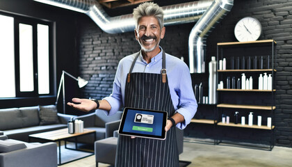 A man is holding a tablet in front of a brick wall. He is wearing an apron and a blue shirt