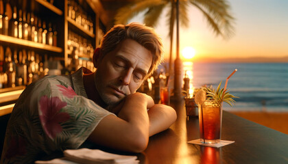 A man is sleeping on a bar counter with a drink in front of him. The drink is a cocktail with a straw in it. The bar is located near the ocean