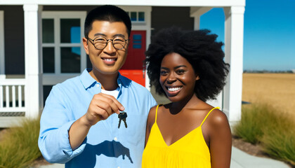 A man and a woman are holding a key in their hands, smiling at the camera. Concept of happiness and accomplishment, as the couple is likely celebrating the purchase of their new home
