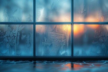 An image capturing intricate frost patterns on glass with a sunrise backdrop, evoking a tranquil winter morning