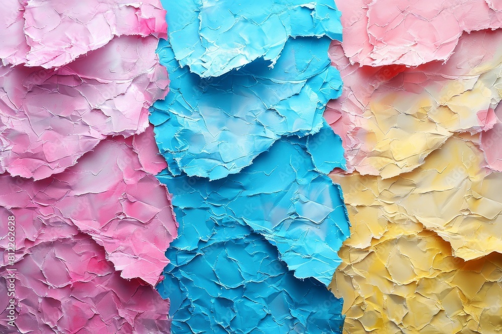 Poster pastel-colored abstract with textured, ripped paper edges creating visual dynamics