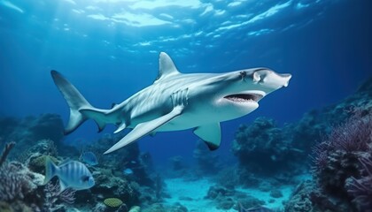 Fototapeta premium Great White Shark in the ocean, portrait of White shark hunting prey in the underwater