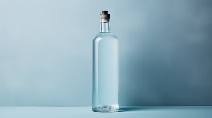A clear bottle of water sits on a blue surface
