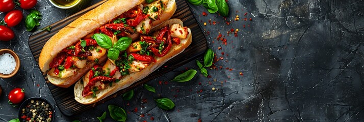 Pesto chicken panini with sun-dried tomatoes, top view horizontal food banner with copy space