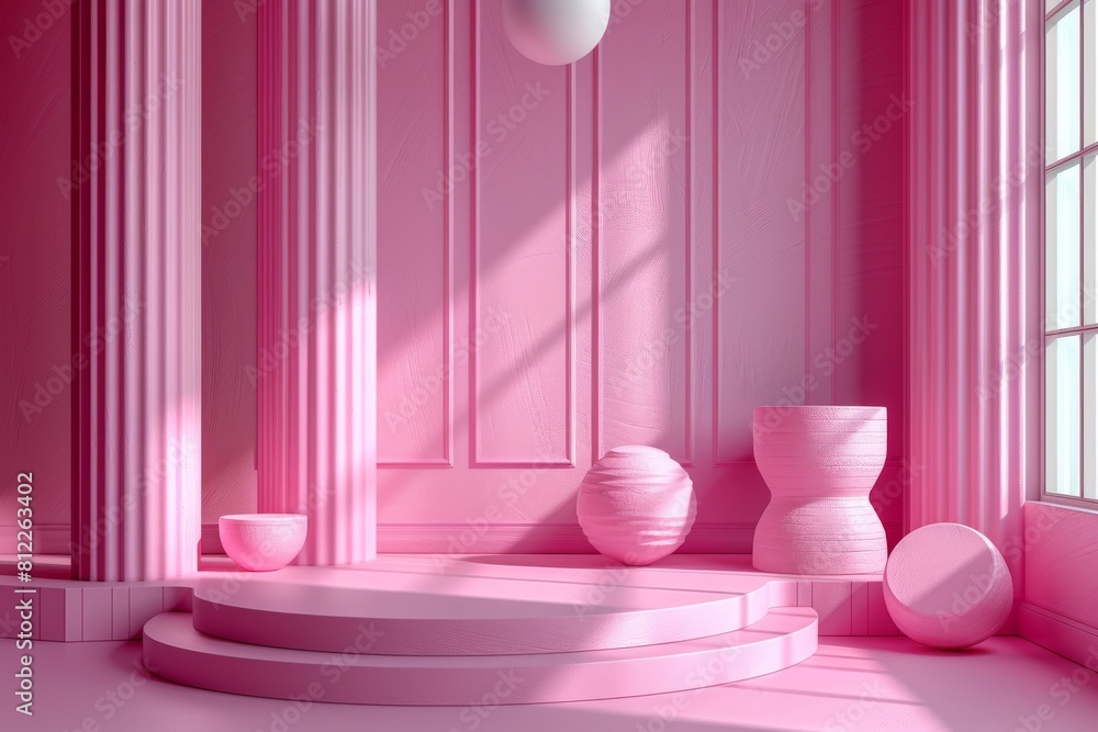 Poster an abstract 3d rendering of a room in monochromatic pink with geometric shapes and curtains