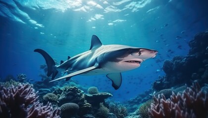 Fototapeta premium Great White Shark in the ocean, portrait of White shark hunting prey in the underwater