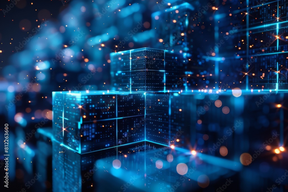 Poster an intricate blockchain network made from blue illuminated cubes, portraying advanced digital techno