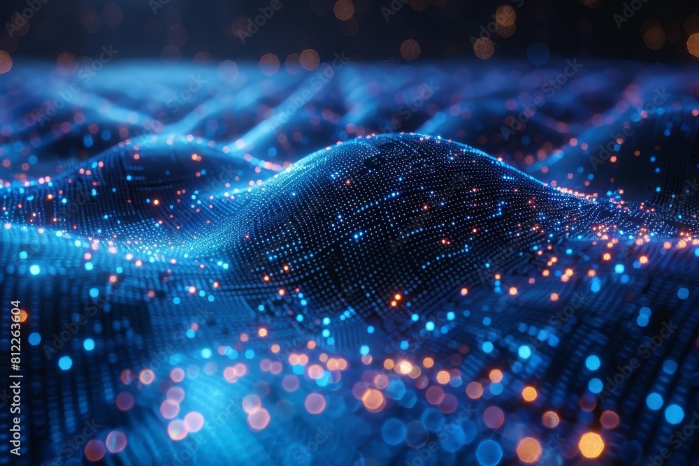 Poster this image presents a digital landscape made of blue glowing particle waves, evoking motion and comm