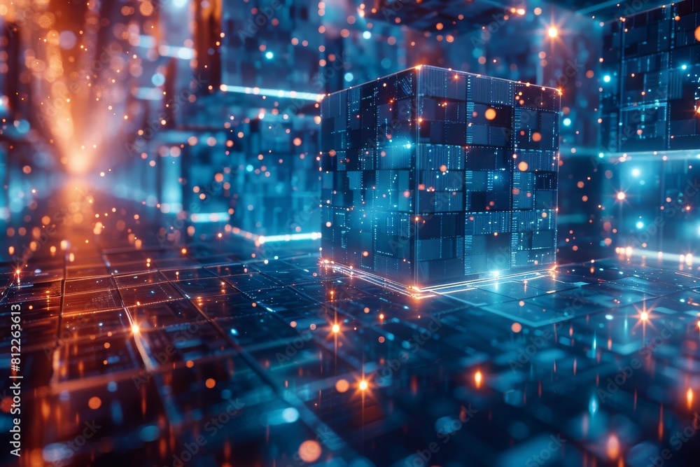 Aufkleber this visually striking image showcases a digital data cube glowing amidst a field of blue light, rep