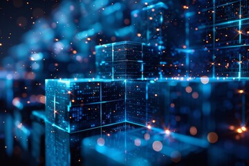 An intricate blockchain network made from blue illuminated cubes, portraying advanced digital technology connections