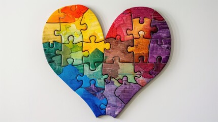 A vibrant puzzle set against a crisp white backdrop features a multi hued heart serving as an emblem for World Autism Awareness Day in a delightful flat lay composition
