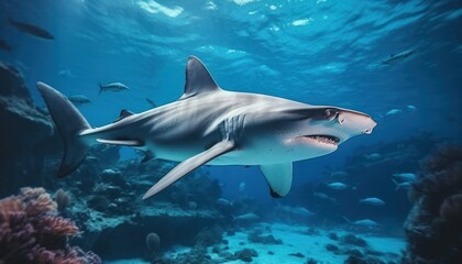 Fototapeta premium Great White Shark in the ocean, portrait of White shark hunting prey in the underwater