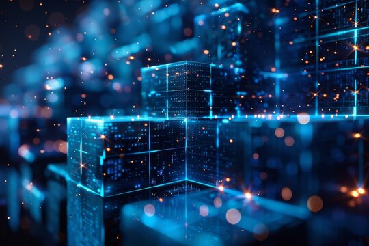 An intricate blockchain network made from blue illuminated cubes, portraying advanced digital technology connections