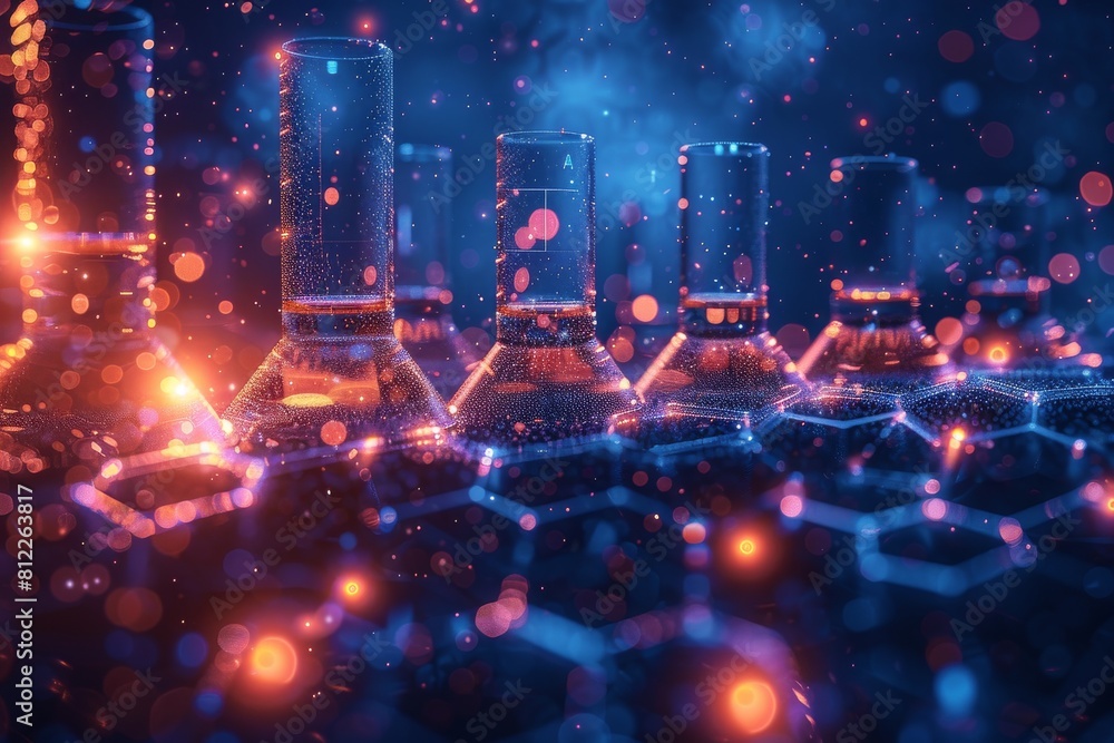 Poster sparkling flasks appear on a hexagonal surface with a vivid blue and red neon glow, suggesting advan