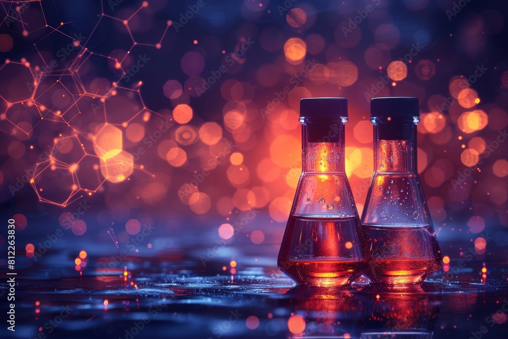 Poster two laboratory flasks shine with an intense red glow and sparking reflections, hinting at chemical r