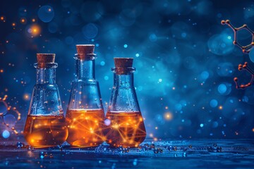 Three glass flasks filled with a glowing orange substance stand against a deep blue backdrop,...