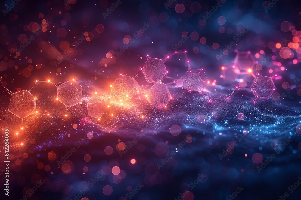 Poster a dynamic illustration of glowing hexagonal molecular structures with a deep blue and red bokeh back