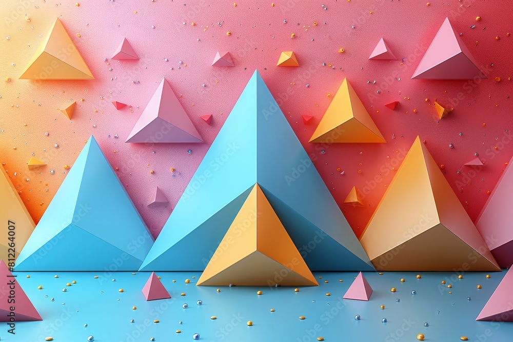 Poster colorful 3d pyramids arranged in a playful pattern against a dual-tone backdrop, creating an abstrac
