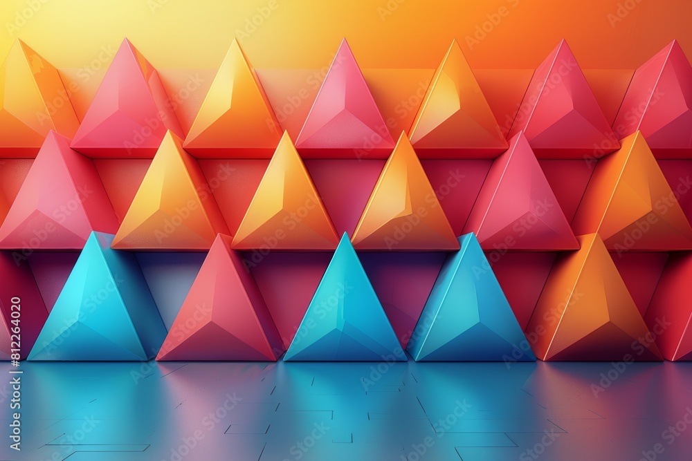 Poster multicolored 3d pyramid composition set against a warm gradient creating a bold abstract background