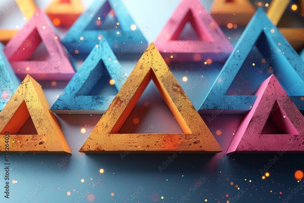 Poster vibrant array of multicolored geometric triangles with glowing edges and subtle light particles conc