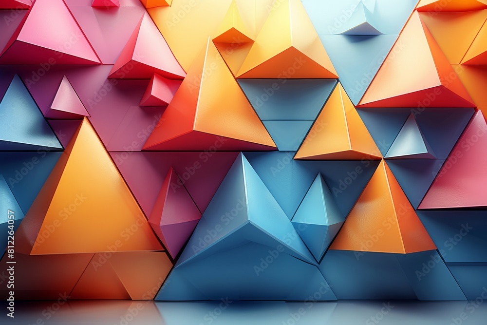 Poster a vibrant and colorful arrangement of geometric pyramid shapes creating a 3d pattern with a playful 