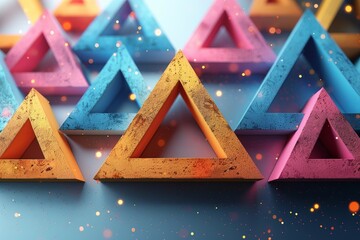 Vibrant array of multicolored geometric triangles with glowing edges and subtle light particles Concept of creativity and modern design
