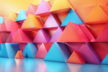 Dreamy landscape of sharp 3D pyramids in warm orange and pink tones reflecting an energetic,...