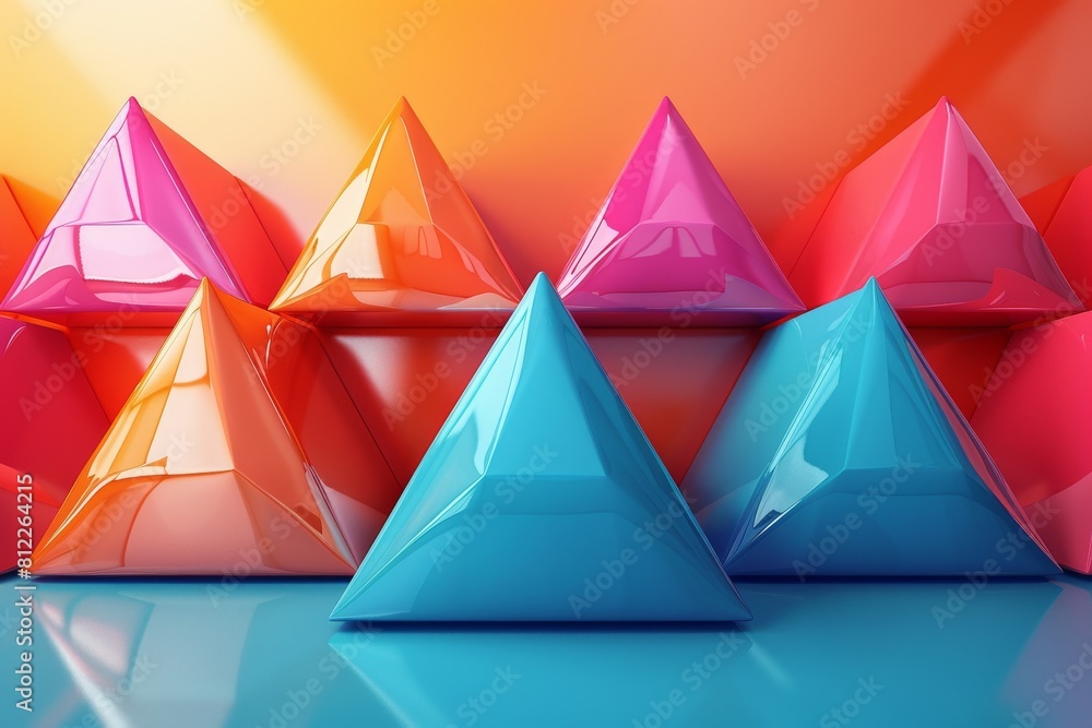 Poster a striking image portraying reflective geometric pyramids in a bold and bright spectrum standing aga