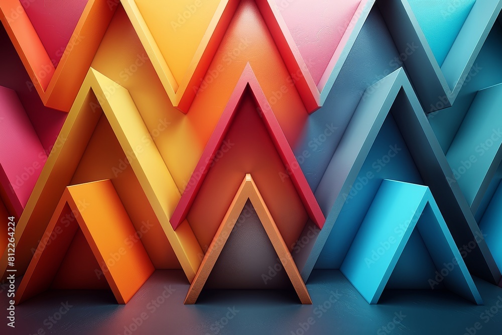 Poster a unique and enticing image with richly colored stacked 3d geometric shapes on a clean gradient back