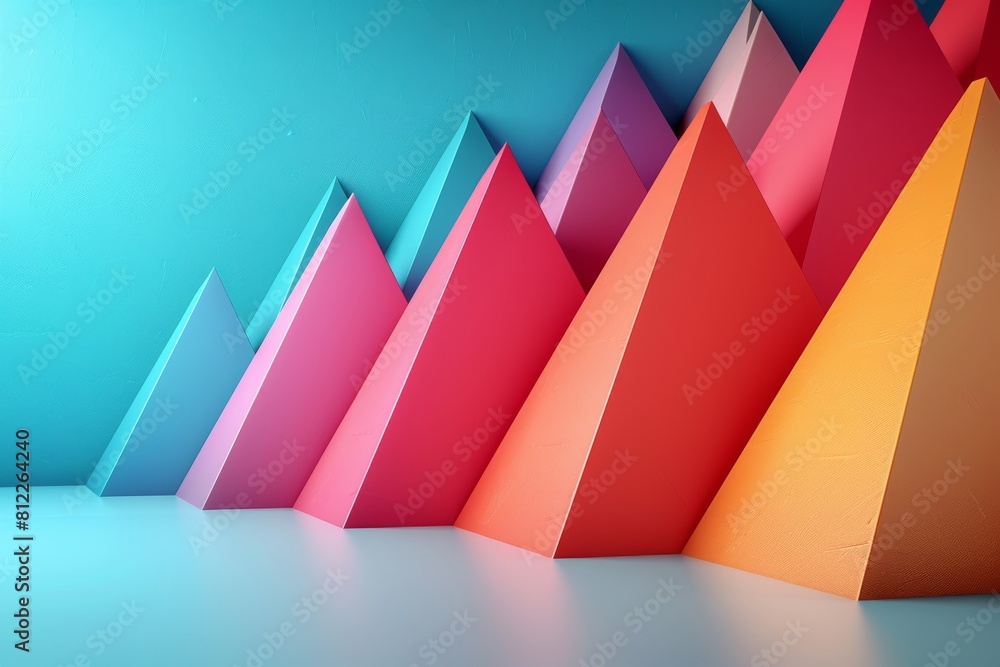 Poster an engaging image featuring rows of vibrantly colored triangles casting soft shadows on a blue surfa