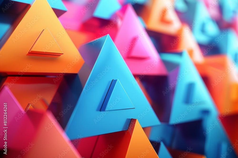 Poster a close-up view of 3d rendered colorful triangles creating a lively and dynamic composition with dep