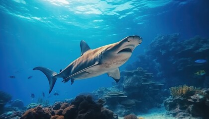 Fototapeta premium Great White Shark in the ocean, portrait of White shark hunting prey in the underwater